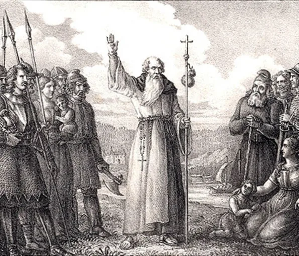 Målning av man med kors-stav omgiven av människor