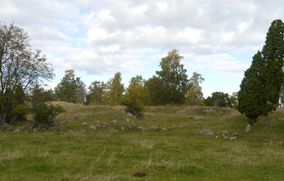 Den flacka ytan i anslutning till stadsvallens avslut i söder kallas Kyrkvreten och är en av de platser som utpekats som möjliga som platsen där Gautberths kyrka stod. 1932 undersökte Holger Arman området men fann ingenting som pekade i den riktningen.  Foto: Jonathan Olsson/SHM
