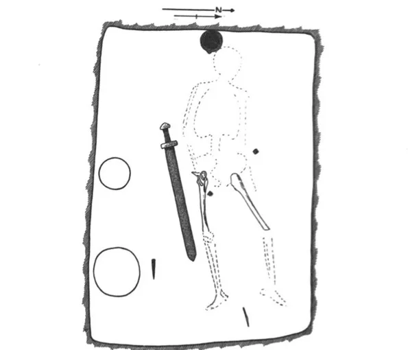 Skiss av en krav med skelett och föremål